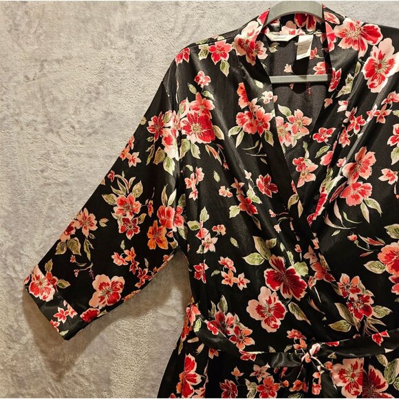 Addona Satin Robe Women XL Floral Black pink red Satin tie sexy hibiscus leisure - Picture 5 of 12